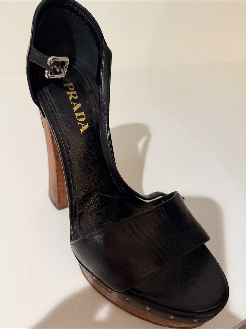 Prada Black Leather Platform Slingback Sandal with Wood Heel
